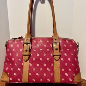 Dooney & Bourke Pebble Leather Satchel Berry Pink DB Logo Coquette Bag Tan Trim